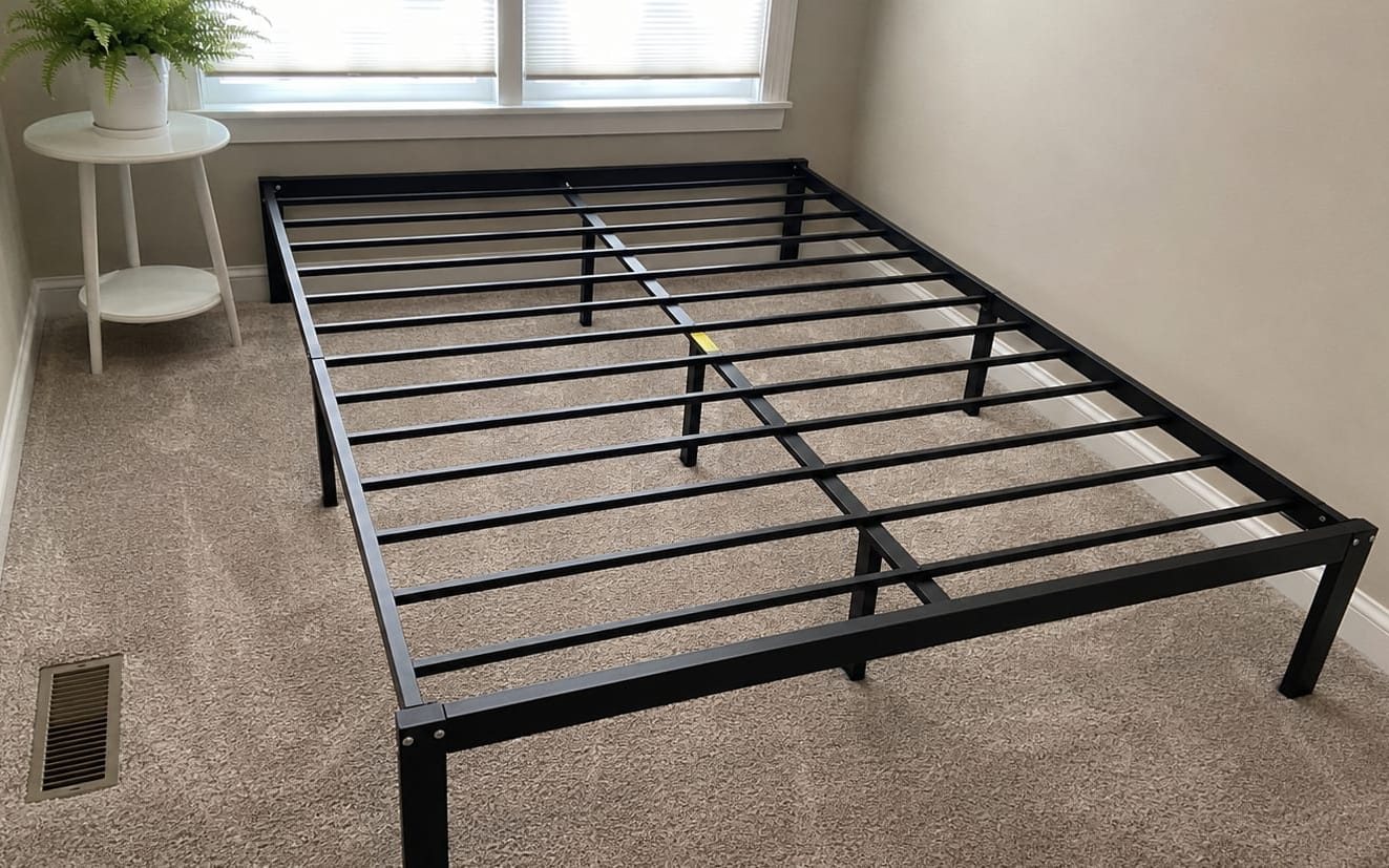 Metal platform bed frame assembled square in a carpeted bedroom
