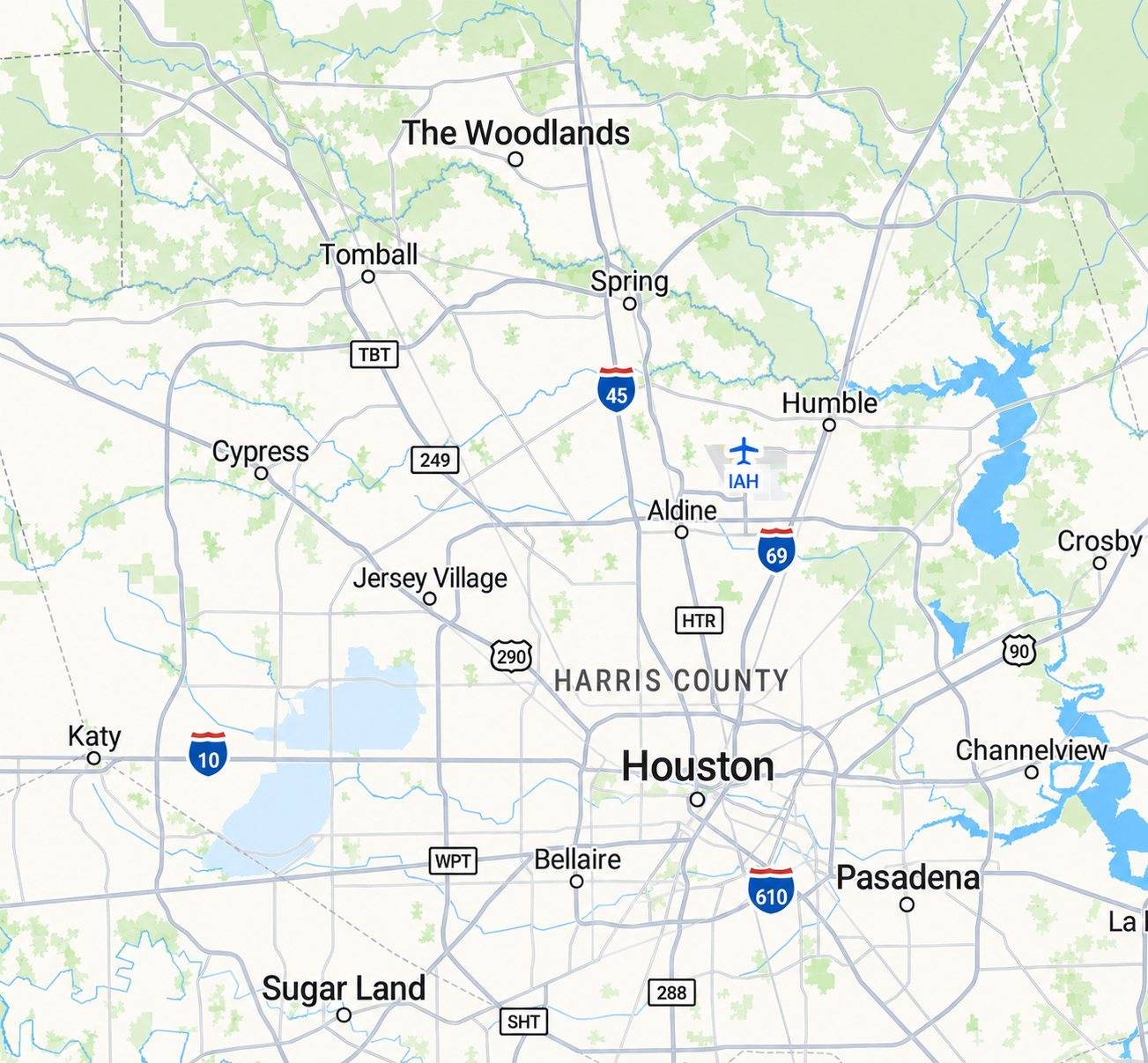 Map of the Houston area served by Elevation Home Services, from Tomball and Cypress east to Humble