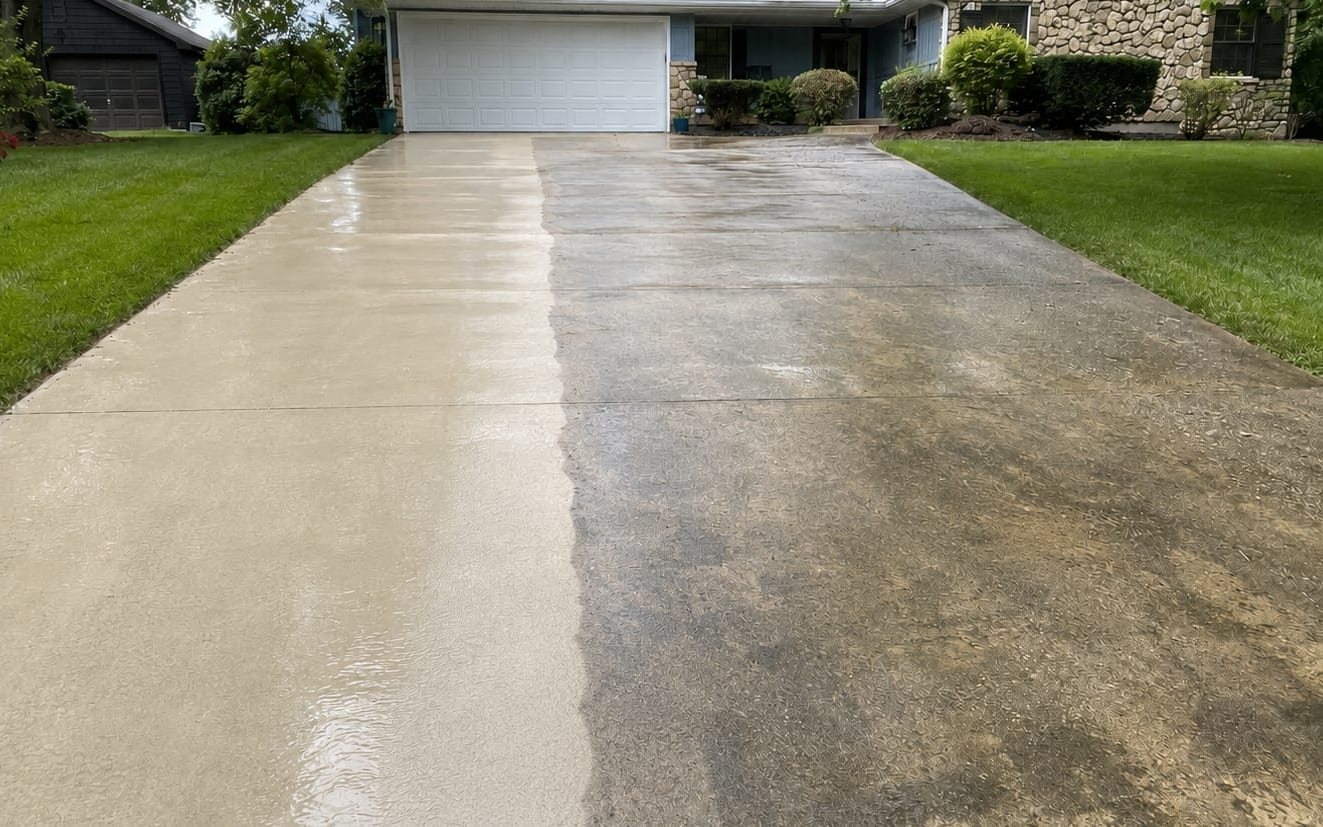 Driveway part way through a wash with a sharp line between clean and dirty concrete