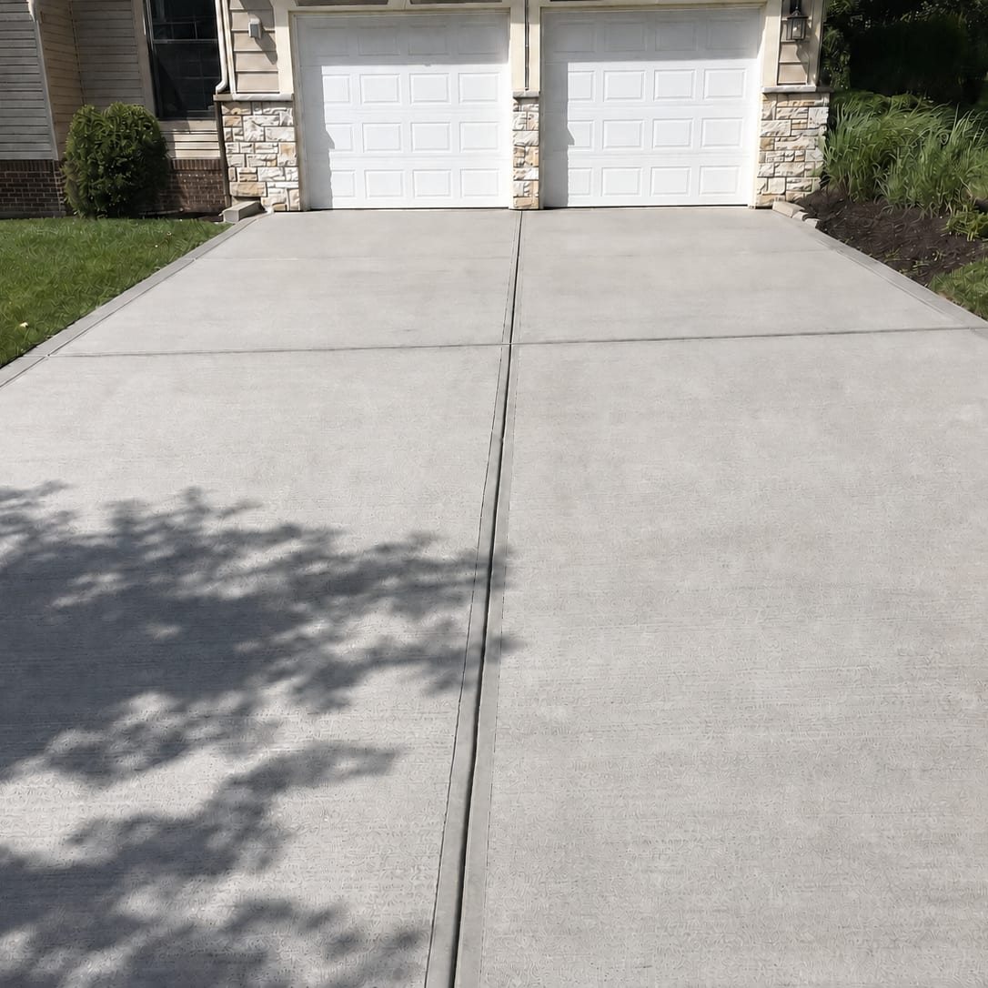 Driveway washed back to clean concrete in front of a double garage
