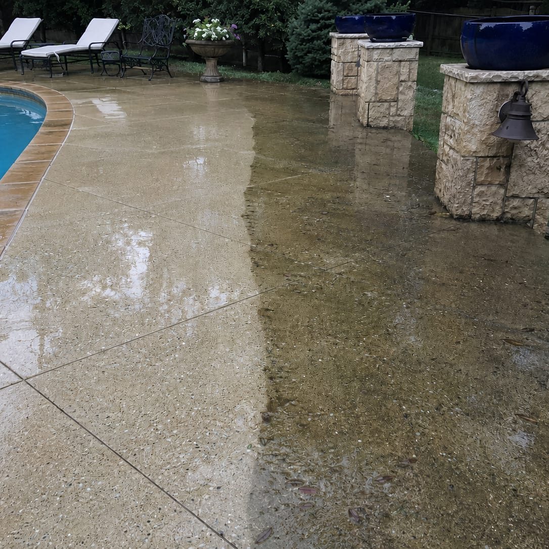 Pool deck part way through a wash with the cleaned concrete showing through