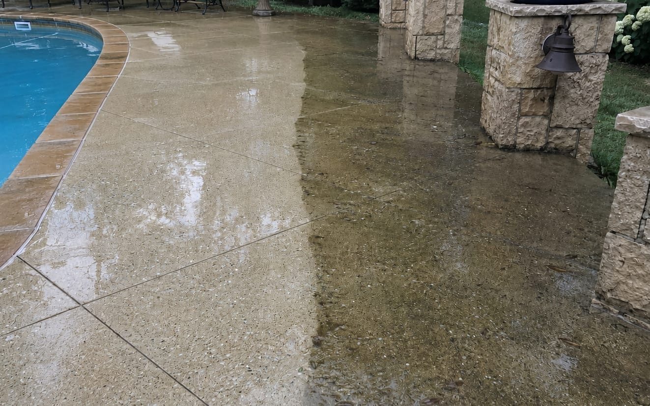 Pool deck mid-wash with a sharp line between the cleaned and untreated halves