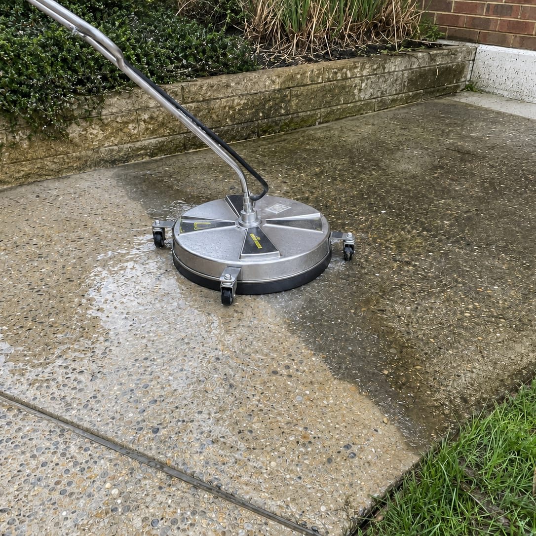 Rotary surface cleaner part way across a concrete pad with the washed strip behind it
