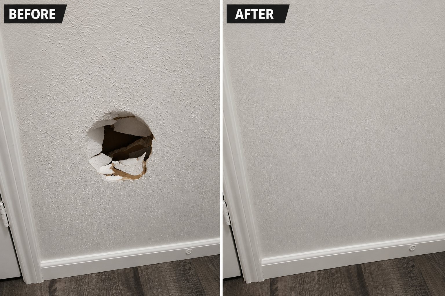 Before and after of a drywall hole patched, textured to match, and painted