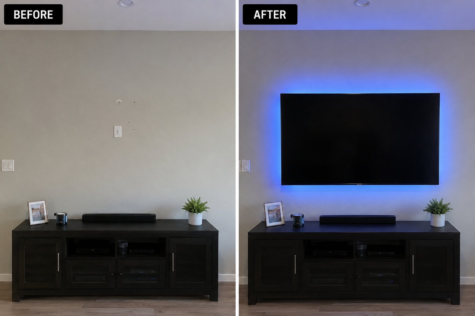 Before and after of a TV wall mounted with LED backlighting and no visible cords