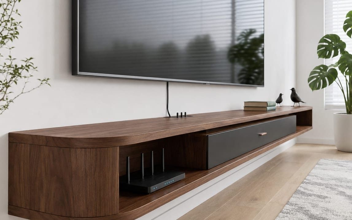 Walnut floating media shelf mounted on the wall beneath a flat-screen TV