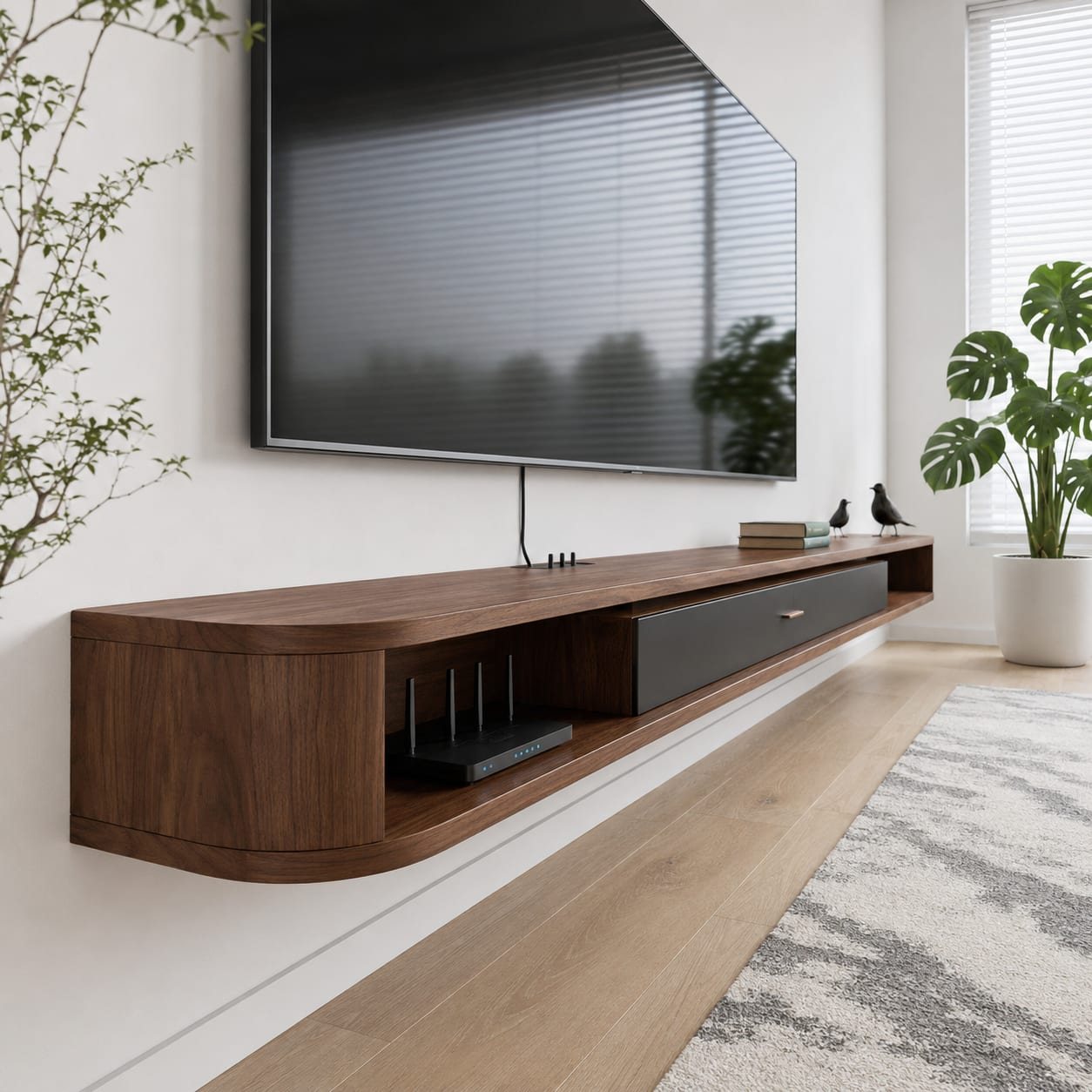 Television mounted above a floating console with no cabling on show