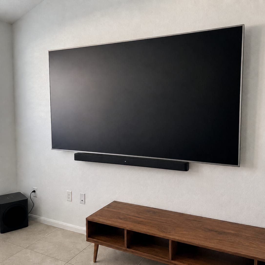 Large television with a soundbar mounted directly beneath it on the wall